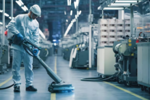 Nettoyage professionnel des ateliers de fabrication avec des employés en tenue de sécurité utilisant du matériel spécialisé dans une usine industrielle à Paris.