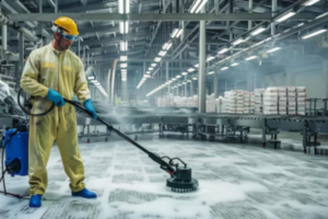 Nettoyage professionnel des centres logistiques à Paris avec équipements spécialisés et personnel en action.