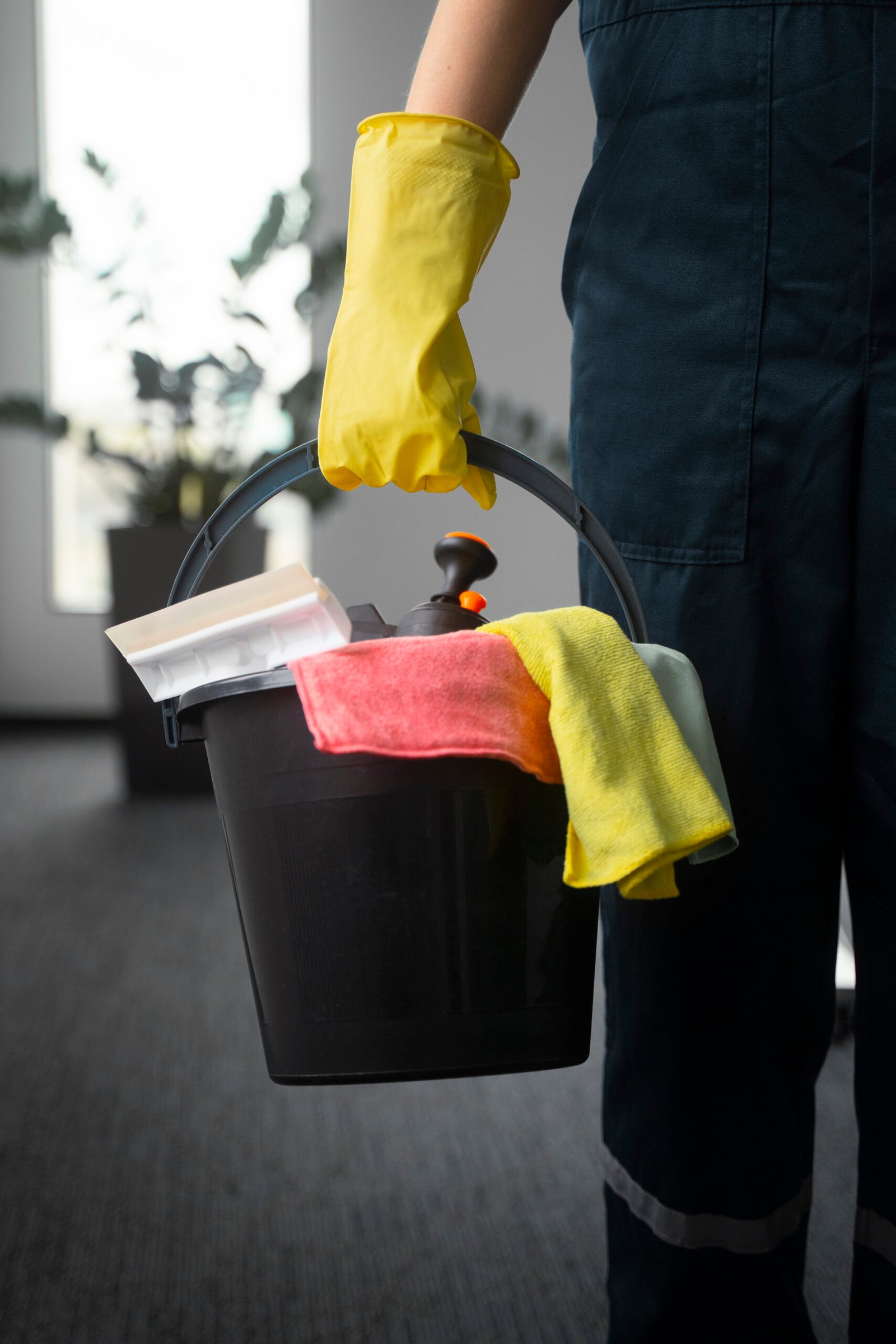 Agent de nettoyage industriel portant un seau avec des produits et des chiffons dans un environnement professionnel à Palaiseau